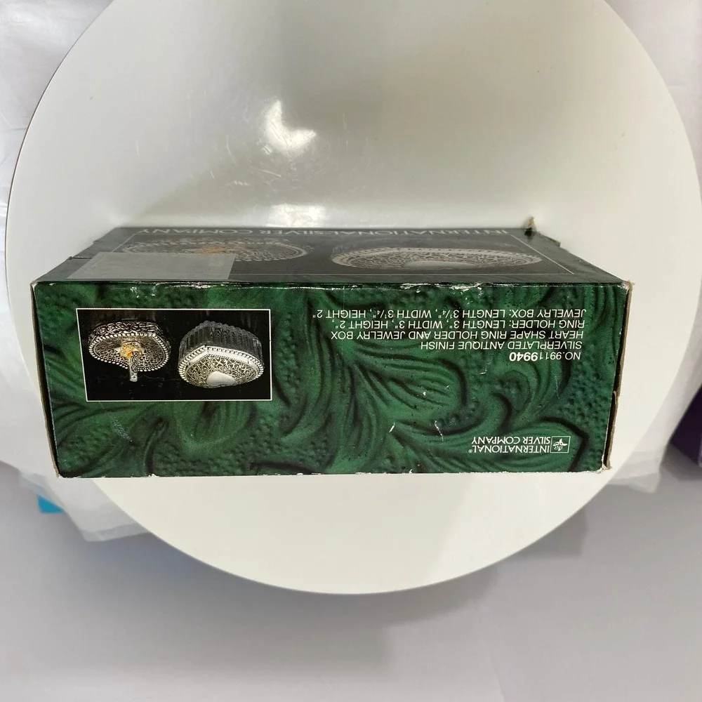 International Silver Co Heart Jewelry Box Ring Holder Set Silverplated Victorian